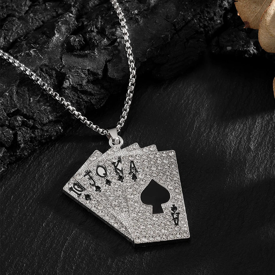 2Piece Set Hip Hop Statement Stainless Steel Poker Card Ace of Spades Necklace For Women Men Pendant Chain Playing Cards Jewelry