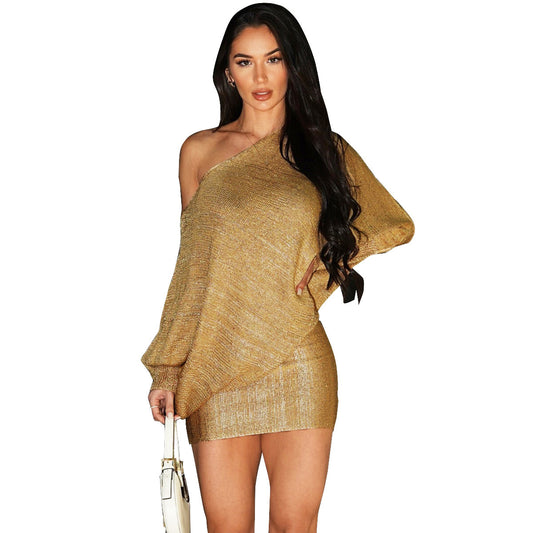Diagonal Collar Long Sleeve Bronzing European And American Style Dress Women