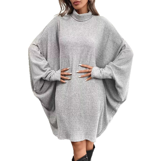 Elegant Women's Loose Batwing Sleeve Dress with Turtleneck and Long Sleeves