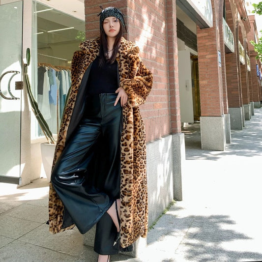Women's Imitation Fur Leopard Print Rabbit Fur Super Long Suit Collar Furry Coat