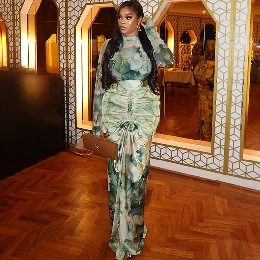 Printed Waist-Wrapped Slim Fit Skirt High Neck Dress Two-Piece Set