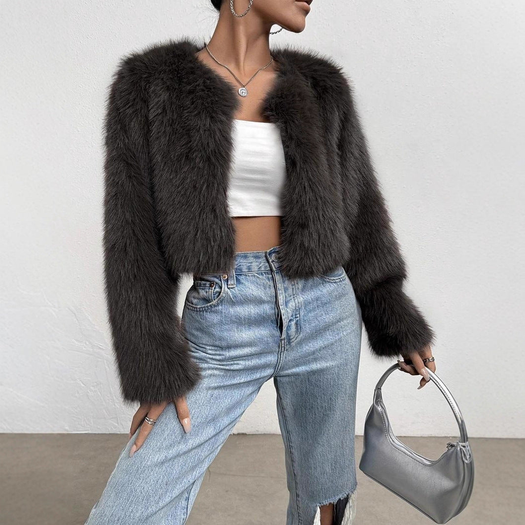 Fox Fur Fashion Thick Warm Long Sleeves Short Coat