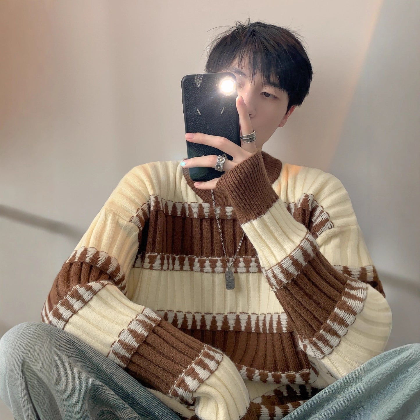 Japanese-style Retro striped contrast color sweater