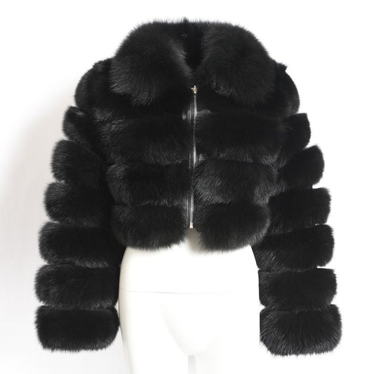 Women's Fur Coat Fox Fur Stitching Short Lapel Long Sleeve Coat