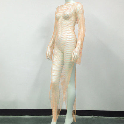 Women's Mesh Rhinestone Fishnet Sexy Slit Fishnet Dress