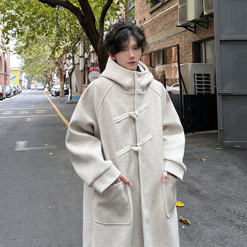 High-grade Woolen Horn Button Hooded Coat Mid-length