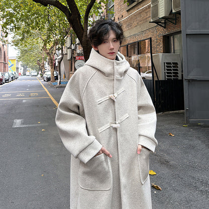 High-grade Woolen Horn Button Hooded Coat Mid-length