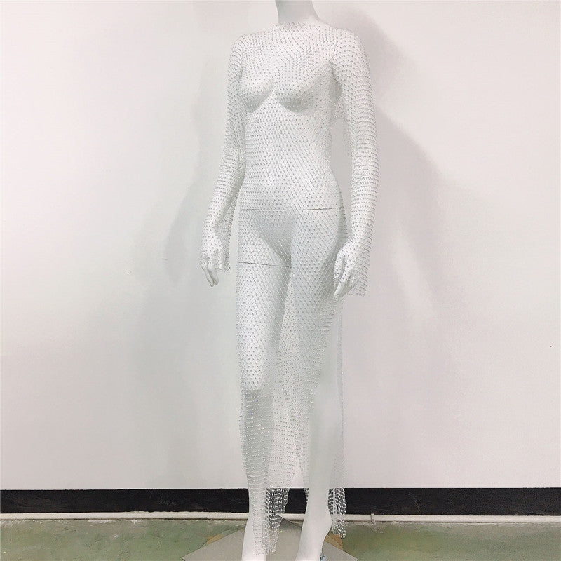 Women's Mesh Rhinestone Fishnet Sexy Slit Fishnet Dress