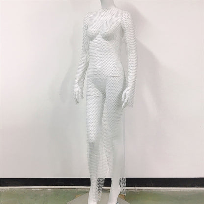 Women's Mesh Rhinestone Fishnet Sexy Slit Fishnet Dress