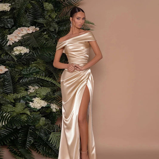 Elegant Off Shoulder Satin Slit Dress, Extra Long Formal Wedding Gown, Christmas Party Dress, Bridesmaid Dress 