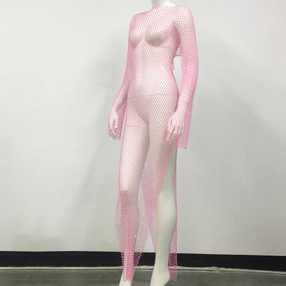 Women's Mesh Rhinestone Fishnet Sexy Slit Fishnet Dress