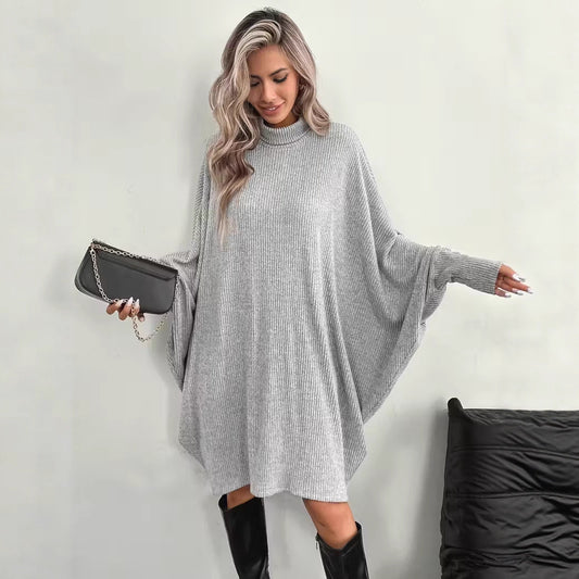 Elegant Women's Loose Batwing Sleeve Dress with Turtleneck and Long Sleeves
