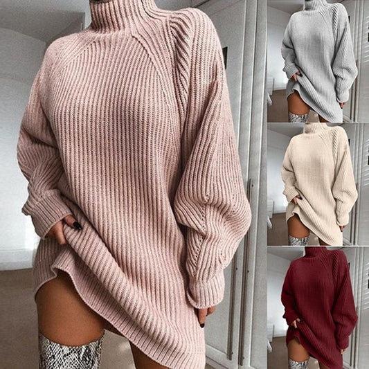 Solid Winter Sweater Turtleneck Long Sweater Women Sweater Dress