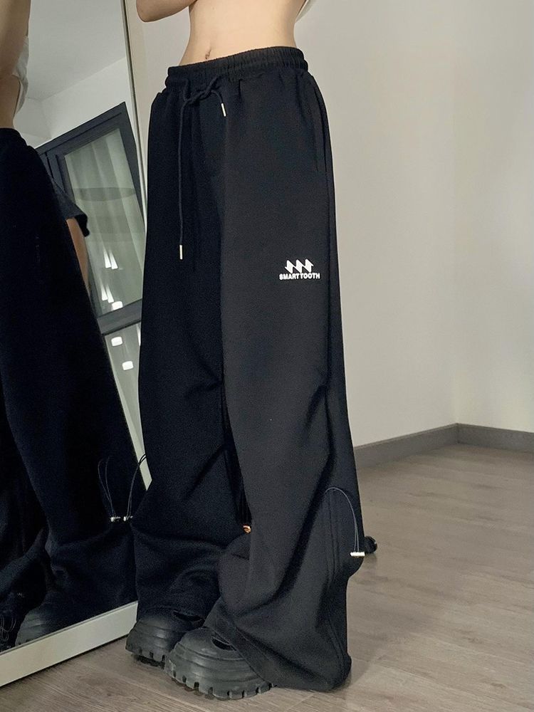 American Retro Wide Leg Drawstring Ruffle Design Sense High Street Casual Mopping Trousers