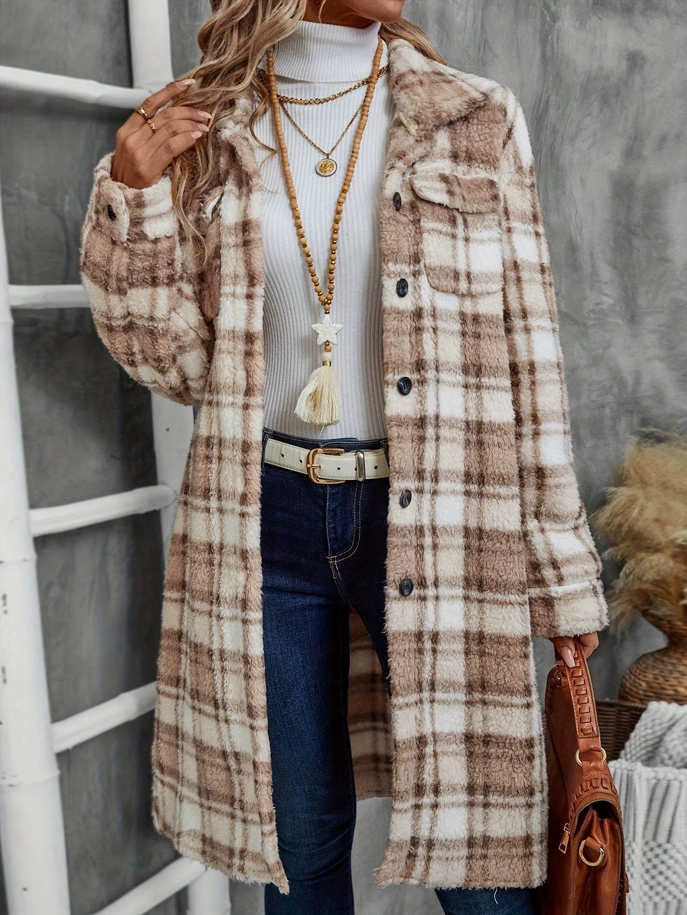 Women's Printed Plaid Long Double-sided Plush Patch Pocket Button Coat