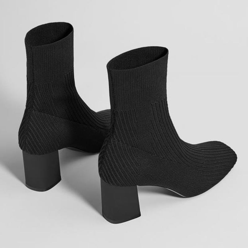 Square Toe All-Match High-Heel Knitted Stretch Sock Boots