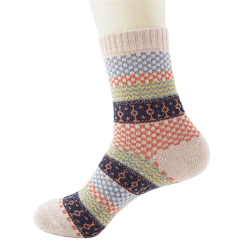 5 Pairs, Men's Warm Ethnic Wool Socks, Plaid, Geometric StripesAnd Ribbed Long Knit