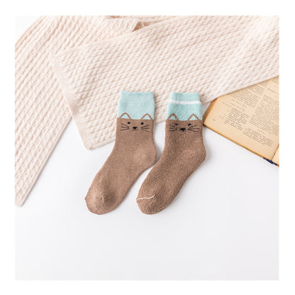 All-match Cartoon Winter Thicken Thermal Cat Terry Women's Mid-calf Length Sock