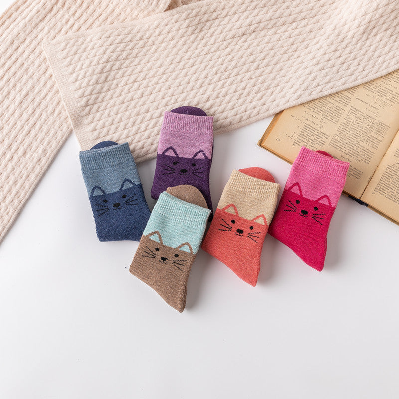 All-match Cartoon Winter Thicken Thermal Cat Terry Women's Mid-calf Length Sock