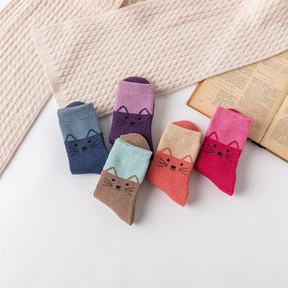 All-match Cartoon Winter Thicken Thermal Cat Terry Women's Mid-calf Length Sock