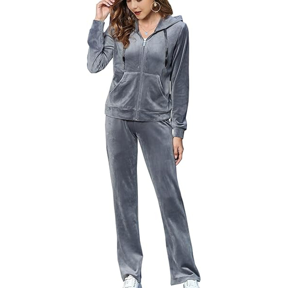 Gold Velvet Zipper Solid Color Hooded Sweater Wide Leg Pants Two-Piece Set
