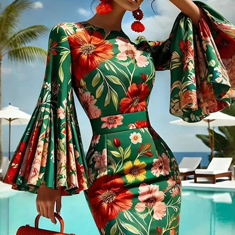 Women's Floral Print Round Neck Bodycon Dress Vibrant Red & Green Fit Flare Summer Dress With Bell Sleeves