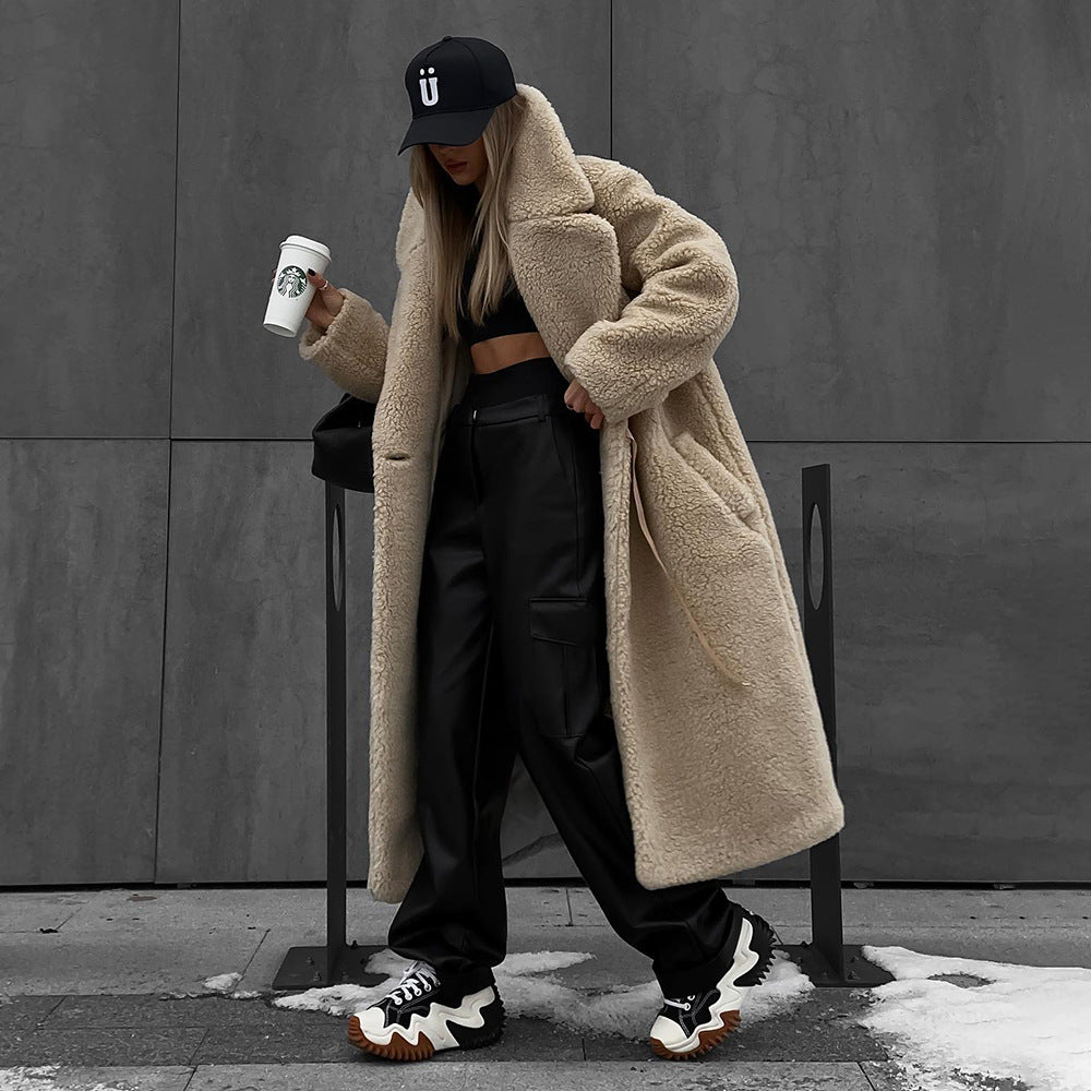 Women's Polyester Long Button Cashmere Coat