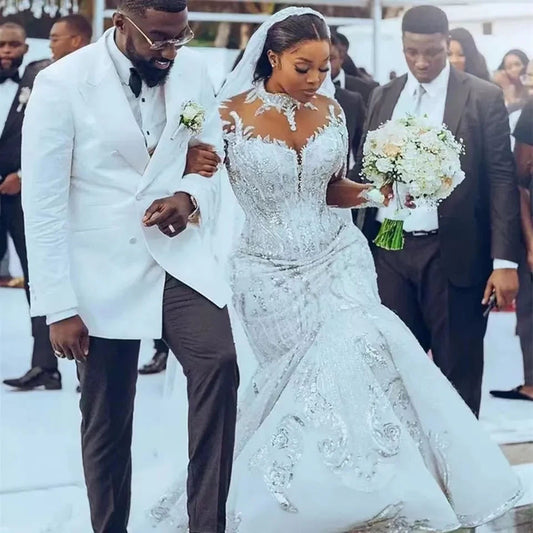 African Bridal Lace Long Sleeve Fishtail Wedding Dress