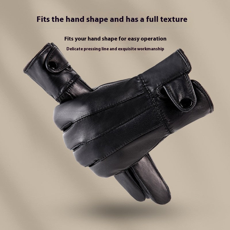 Genuine Leather Gloves For Men And Women Autumn And Winter Fleece-lined Thickened
