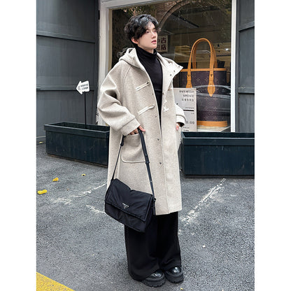 High-grade Woolen Horn Button Hooded Coat Mid-length