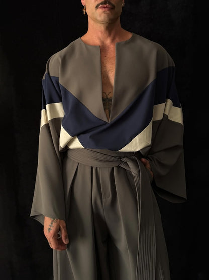 Grey Color-Block Top And Wide-Leg Pants Set
