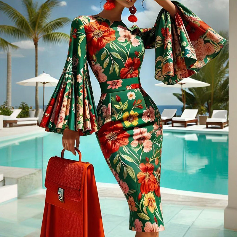 Women's Floral Print Round Neck Bodycon Dress Vibrant Red & Green Fit Flare Summer Dress With Bell Sleeves