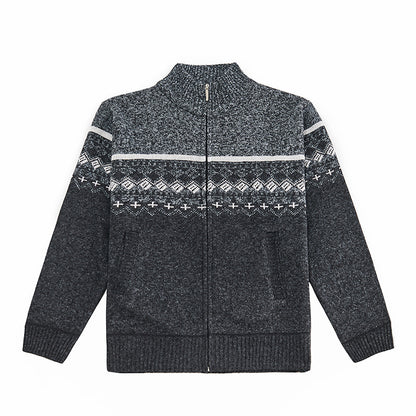 Velvet Thickening Sweater Men's Stand Collar Assorted Colors Retro Jacquard Knitted Cardigan