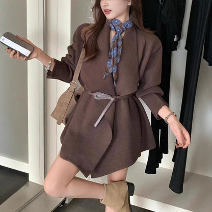 Irregular Lapel Mid-length Knitted Cardigan Casual Laid-back Style