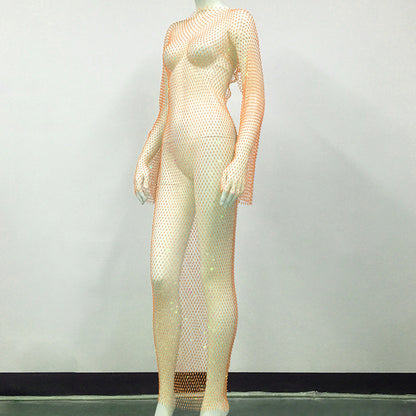 Women's Mesh Rhinestone Fishnet Sexy Slit Fishnet Dress