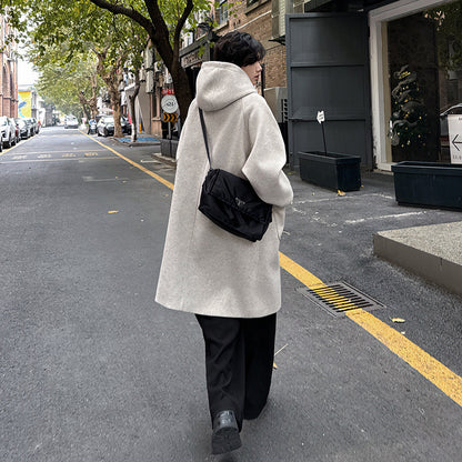 High-grade Woolen Horn Button Hooded Coat Mid-length