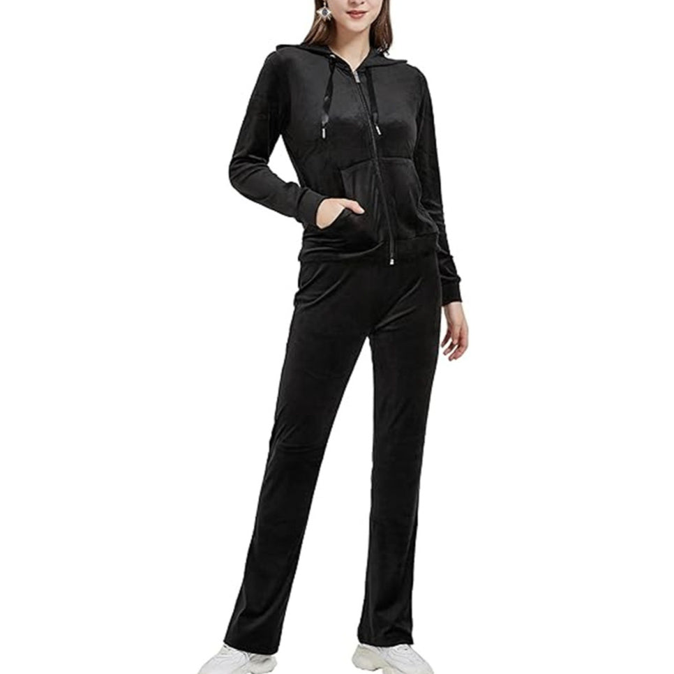 Gold Velvet Zipper Solid Color Hooded Sweater Wide Leg Pants Two-Piece Set