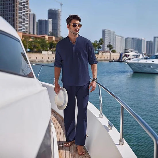 Solid Color Casual Cotton Men's Long Sleeve Trousers Suit