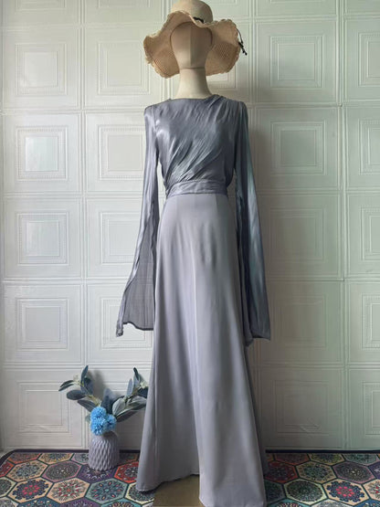 Elegant Summer Sleeve Contrast Chiffon & Satin Maxi Dress With Flared Cuffs - Slim Fit Long Dress For Women