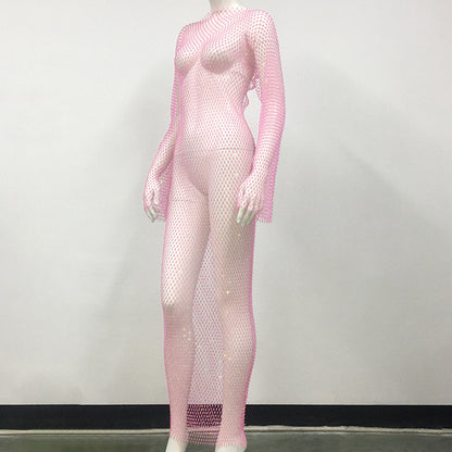 Women's Mesh Rhinestone Fishnet Sexy Slit Fishnet Dress