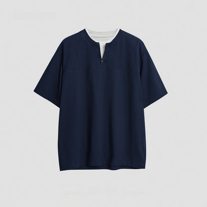 Simple Solid Color Loose Zip False Two-piece Patchwork Top