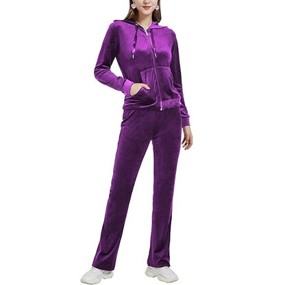 Gold Velvet Zipper Solid Color Hooded Sweater Wide Leg Pants Two-Piece Set