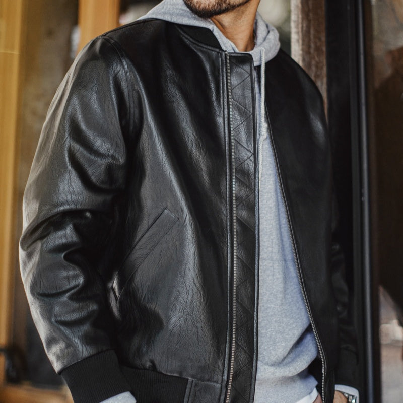 American-style Black MA1 Pilot Leather Jacket Ruan Handsome Short