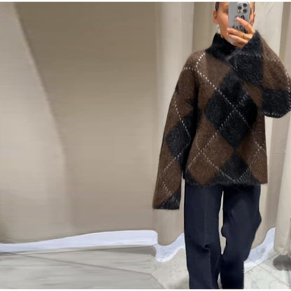 Women's Turtleneck Sweater Long Sleeve Diamond Plaid Knit