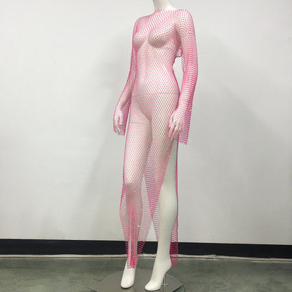 Women's Mesh Rhinestone Fishnet Sexy Slit Fishnet Dress