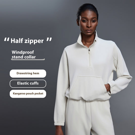 Half Zipped Stand Collar Short Sports Casual Loose Shoulder Long Sleeve Sweater