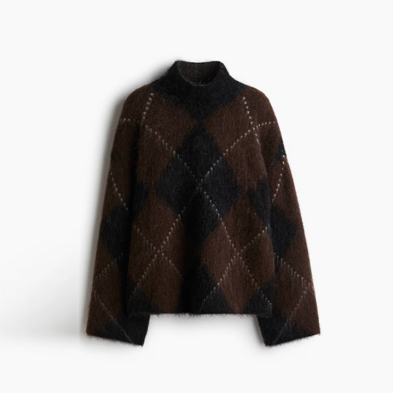 Women's Turtleneck Sweater Long Sleeve Diamond Plaid Knit