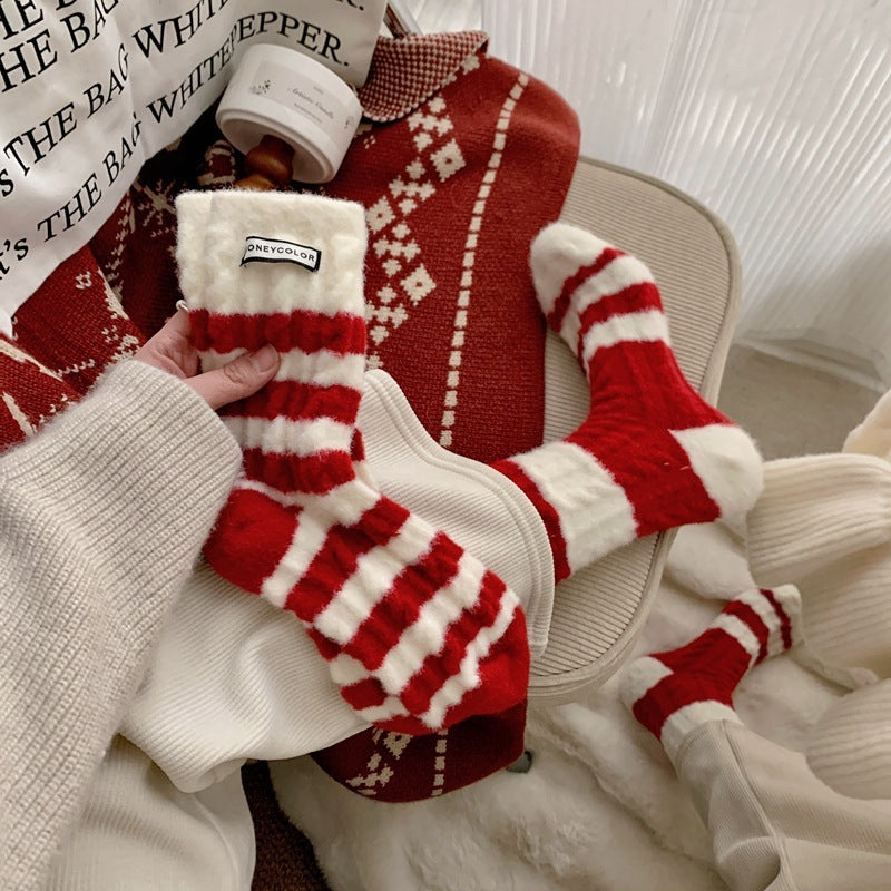 Red Stripe Women's Mid-calf Length Sock Warm Super Soft Fleece-lined Red Socks