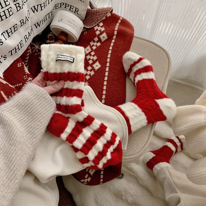 Red Stripe Women's Mid-calf Length Sock Warm Super Soft Fleece-lined Red Socks