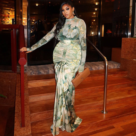 Printed Waist-Wrapped Slim Fit Skirt High Neck Dress Two-Piece Set